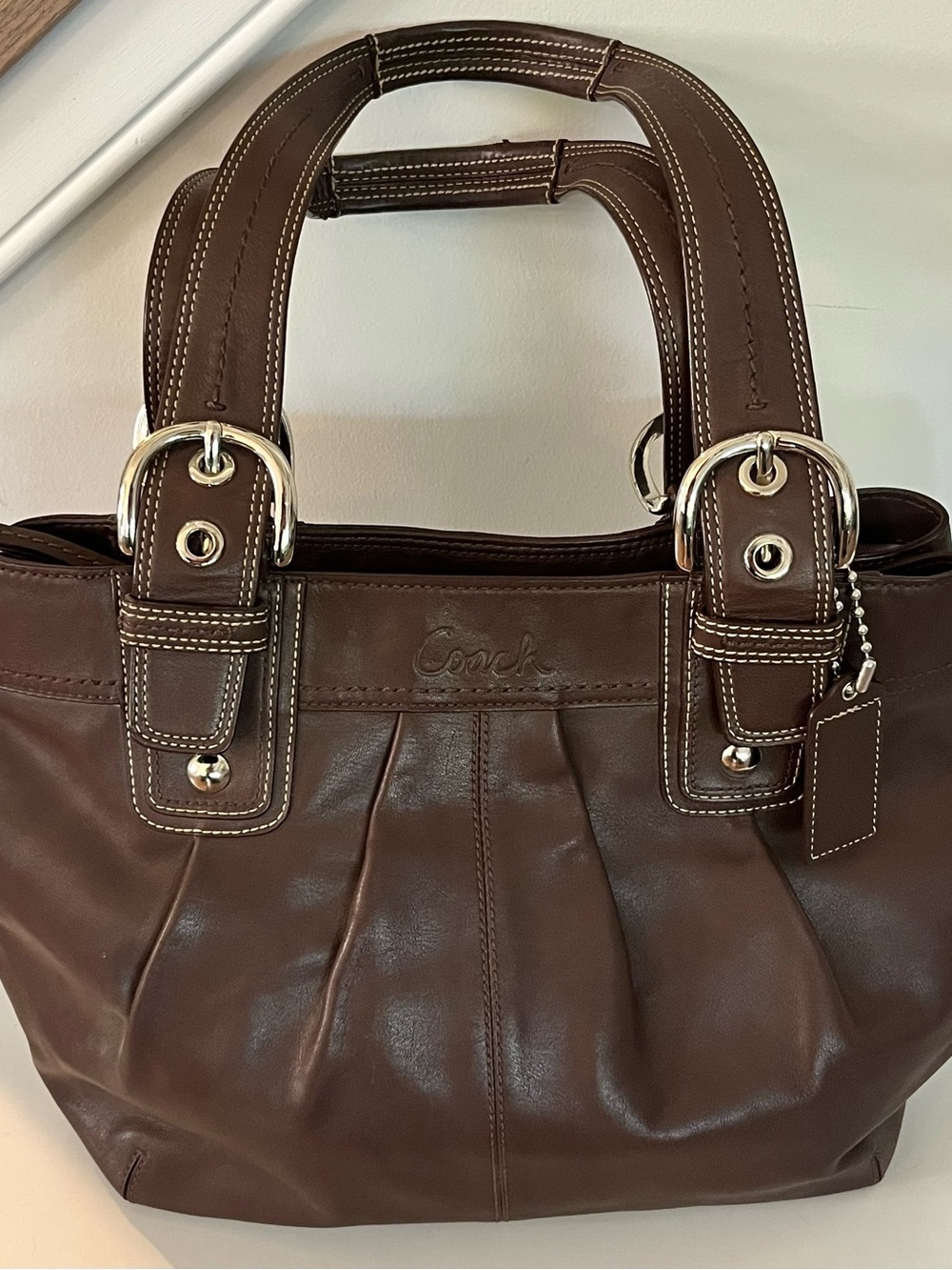 Vintage Coach Chocolate Brown Leather Pleated Tote with Silver Hardware